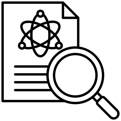 Icon showing a document with the atom symbol being examined by a magnifying glass